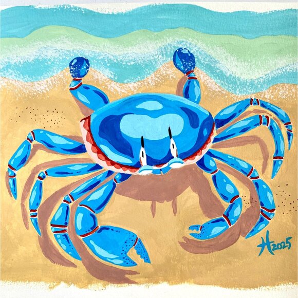Illustrated Crab Original Gouache Painting 11x14in Mat Frame Ready Art